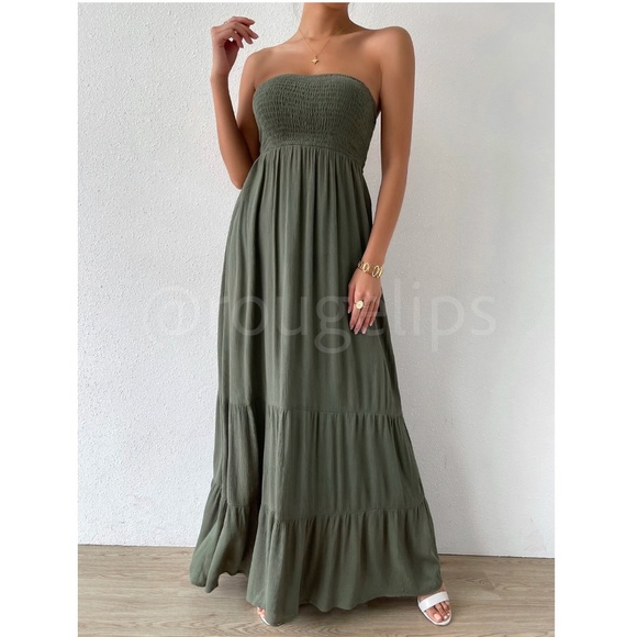 Strapless Maxi Dress Long Army Green Shirred Top Flared - Picture 2 of 8